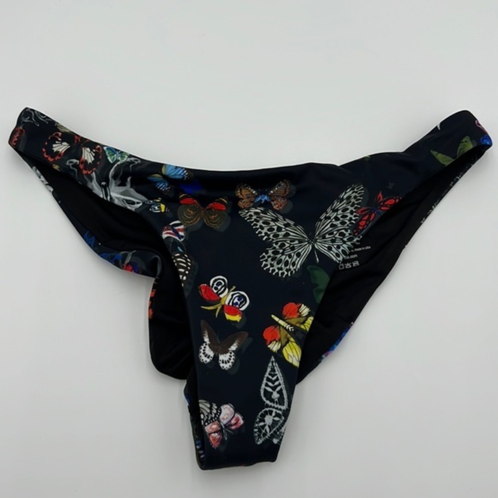 CHRISTIAN LACROIX SWIMINISTA BLACK BUTTERFLY PRINT ROUCHED  BRAVE BOTTOM SZ S